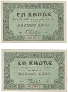 Lot 2 stk. 1 krone 1917. 0569672 og 73 (2 stk. i nummerrekkefølge)