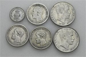 Lot 6 stk. 1 krone 1914, 1917, 50 øre 1877 (2), 1901 og 10 øre 1897