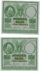 Lot 2 stk. 50 kroner 1958. D0587591-92