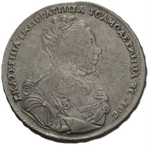 Catharina I, rubel 1727. Red Mint. Har vært anhengt/has been mounted