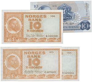 10 kroner 1966 H, 69 T, 73 P, samt 1979 BL