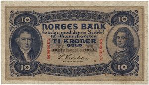 10 kroner 1927. N2356668. Bindersmerke/trace of paperfastener