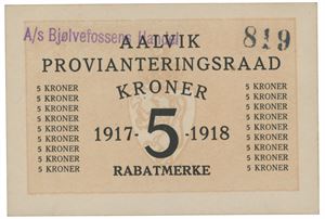 Aalvik Provianteringsraad. 5 kroner 1917-1918. Nr. 819. Noen flekker på revers