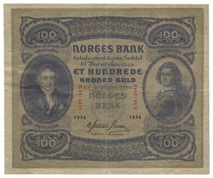 100 kroner 1935. B0812445. Stifthull/pin hole