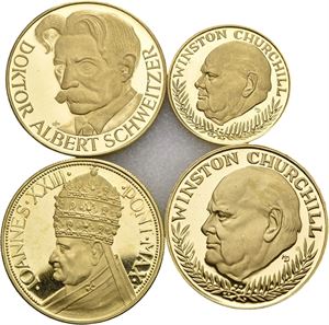 Lot 4 stk. gullmedaljer. Albert Einstein, Winston Churchill (2) og Pave Johannes XXIII. Totalt 34,4 g. 900/1000