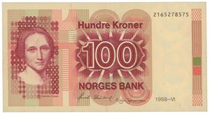 100 kroner 1988. 2165278575. Vannmerket opp-ned/watermark inverted