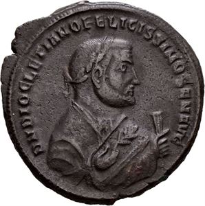 Diocletian 284-305, Æ follis, Antiokia, 306 e.Kr. R: Providentia og Qvies stående
