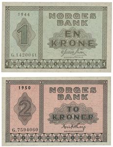 Lott 2 stk. 2 kroner 1950 G og 1 krone 1944 G.