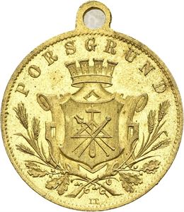 Håndverks-, Industri-, Landbruks- og Haveutstillingen i Porsgrunn 1888. Forgylt bronse med hempe. 23 mm