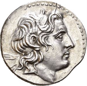MYSIA, Kyzikos. Late 3rd-early 2nd centuries BC. AR tetradrachm (16,85 g). In the name and types of Lysimachos of Thrace. Diademed head of  Alexander the Great to right, wearing horn of Ammon / ??S???OS ??S??????, Athena Nikephoros seated on throne to left, arm resting on shield, spear behind; monogram to inner left; torch in exergue. Small flan crack at 1 o'clock. Lightly toned. Very rare.