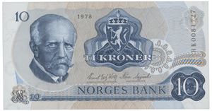 10 kroner 1978. HK0081127. Erstatningsseddel/replacement note