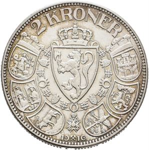 Haakon VII, 1905-1957. 2 kroner 1916. Renset/cleaned