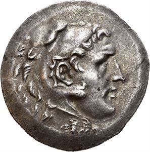 AEOLIS, Myrina. Circa 188-170 BC. AR tetradrachm (16,48 g). In the name and types of Alexander the Great of Macedon. Head of Heracles to right, wearing lion skin headdress / A?E?AN?POY, Zeus Aëtophoros seated left, holding sceptre; MYPI (Myrina) to left; amphora in front of feet. Some roughness and several small scratches in fields. Edge nick at 2 o'clock. Old cabinet toning.