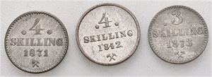 Norge, lot 3 stk. 4 skilling 1842, 1871 og 3 skilling 1873