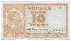 10 kroner 1972. Z0011316. Erstatningsseddel/replacement note