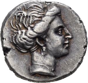 Euboia, Chalkis, 340-294 f.Kr., drachme (3,55 g). Hode av Hera (?) mot høyre/Ørn med slange flygende mot høyre
