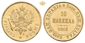 Nikolai II, 10 markkaa 1913. Kantmerker og små riper/edge marks and minor scratches