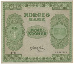 50 kroner 1945. A.0542894. Ørlite riss i øvre marg/tiny margin tear