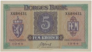 5 kroner 1944. X684431.