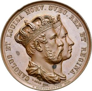 Carl XV. Universitetets minnemedalje til kroningen i 1860. Schnitzpahn. Bronse. 41 mm. To flekker på advers/two spots on obverse
