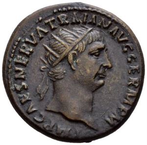 TRAJAN 98-117, Æ dupondius, Roma 99-100 e.Kr. R: Abundantia sittende mot venstre