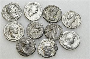 Lot med 10 stk. denarer. Vespasian, Domitian, Hadrian, Faustina Senior, Faustina Junior, Commodus, Septimius Severus, Caracalla, Elegabalus og Severus Alexander.