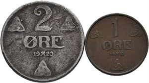 Norge, lot 2 stk. 2 øre 1920 og 1 øre 1915