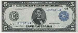 5 dollar 1914. Federal Reserve note, Kansas City. No. J36256112A