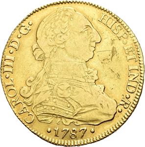 Carl III, 8 escudos 1787. Potosi. Små blankettfeil/minor planchet flaws