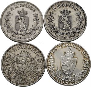 Norge. Lot 4 stk. 2 kroner 1898, 1904, 1910 og 1914 jub.