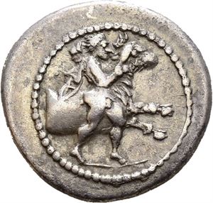 THESSALY, Trikka. 440-400 BC. AR hemidrachm (2,81 g). Thessalos? advancing right, wrestling bull in background /TPIKKAIO? (P retrograde), Forepart of horse galloping right, all within incuse square. Toned.