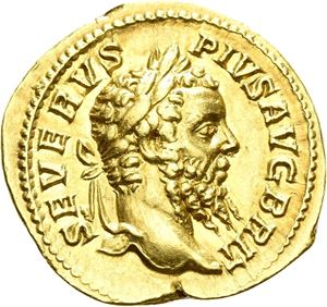 SEPTIMIUS SEVERUS 193-211, aureus, Roma 210-211 e.Kr. (6,95 g). R: Septimius Severus mellom Caracalla og Geta til hest mot venstre