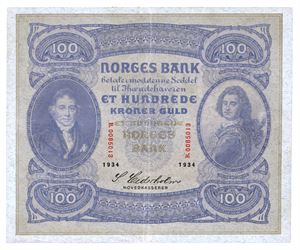 100 kroner 1934. B0085013. Falmet/faded