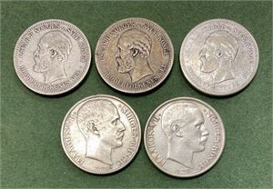Lot 5 stk. 1 krone 1889, 1890, 1900, 1908 pp og 1915