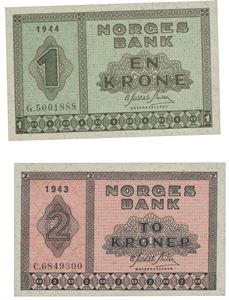 1 krone 1944 og 2 krone 1943