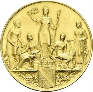 Jubileumsutstillingen i Porsgrunn 1907. Forgylt bronse. 40,5 mm