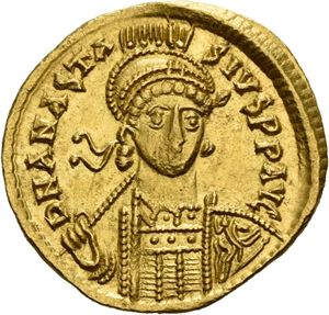 Anastasius I 491-518, solidus, Constantinople (4,47 g). R: Victoria stående mot venstre