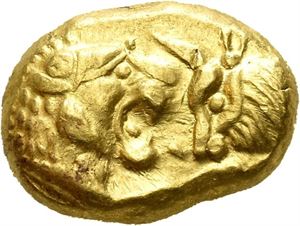 KINGS of LYDIA, Kroisos. Circa 546-525 BC. AV stater, light standard (8,00 g). Sardes mint. Confronted foreparts of a roaring lion and a bull / Two incuse squares. Some corrosion on the surfaces and small die break on obverse and tiny scuff on reverse.