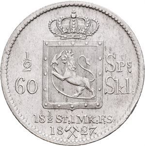 Carl XIV Johan, 1/2 speciedaler 1827. Renset og kantskade