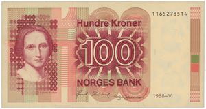 100 kroner 1988. Vannmerket opp/ned