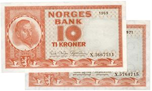 Lot 2 stk. 10 kroner 1969. X3667511 og 1971. X5764715. Erstatningssedler/replacement notes