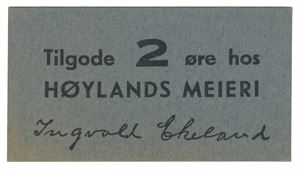 Høylands Meieri. 2 øre blå.
