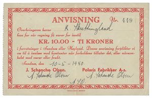 Polaris Fabrikker, Sandnes, 10 kroner 10/5-1940. Nr.449. Blyantskrift på baksiden/pencil writing on reverse