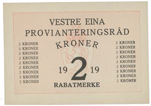 2 kroner 1919 Vestre Eina Provianteringsråd.