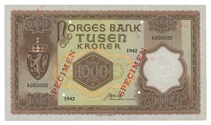 1000 kroner 1942. A000000 Stemplet Specimen og hullmakulert med fire hull. RR. Påført msrkeringer/added marks