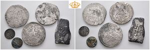 Lott 6 stk. sølvmynter fra Akerendam. Mexico, 8 reales cob u.år/n.d.; Dukaton Brabant 1751, West Friesland 1661 og Holland 1672, og 2 stk. 2 stuivers Holland 1724