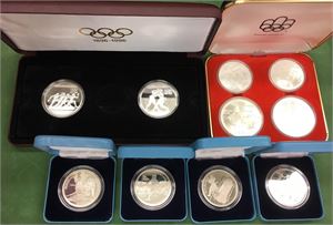 Lot 10 sølvmynter fra OL Montreal (4), OL Albertville (4) og IOC 100 år (2)