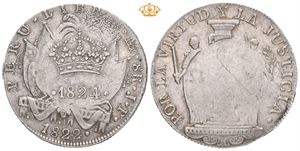Royalistutgave, 8 reales 1824. Kontramarkert med spansk kongekrone/årstall 8 reales 1822 JP