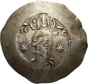 Manuel I Comnenus 1143-1180, electrum aspron trachy, Constantinople, 1160-1164. (4,48 g). Kristus stående/Manuel og St.Theodore stående