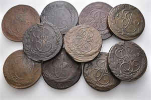 Catharina II, lot 10 stk. 5 kopek EM; 1763, 1764, 1765, 1766, 1771, 1773, 1781, 1785, 1789 og 1791